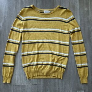 DREAMERS striped crew neck long sleeve sweater,  yellow, grey & white, Medium